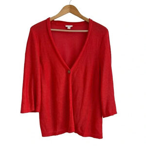 J Jill Large Coral Linen Blend Cardigan Knit Single Button Lightweight